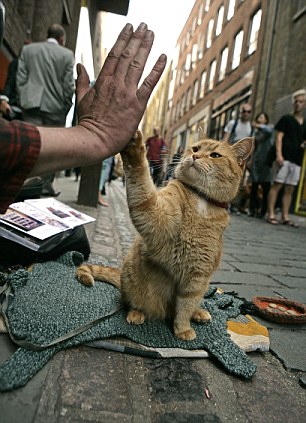 James Bowen and Bob the cat busking in Covent Garden.